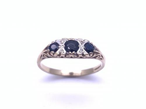 9ct Sapphire 3 Stone & Diamond Ring