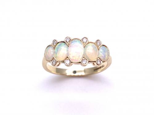 9ct Yellow Gold Opal & Diamond 5 Stone Ring