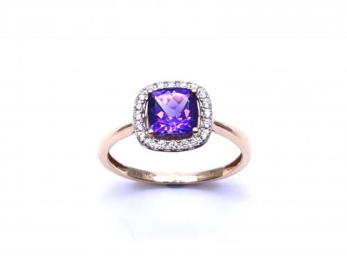 9ct Amethyst and Diamond Halo Cluster Ring 0.12ct
