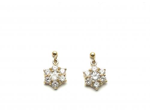 9ct Yellow Gold CZ Flower Cluster Drop Earrings