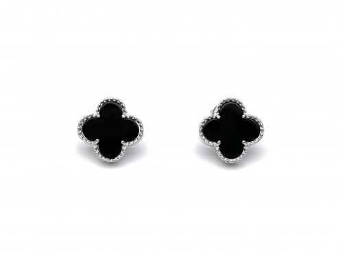 Silver Black Clover Stud Earrings