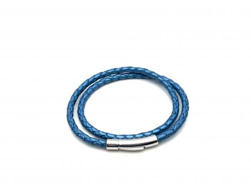 Metalic Blue Leather Wrap Bracelet Stainless Clasp