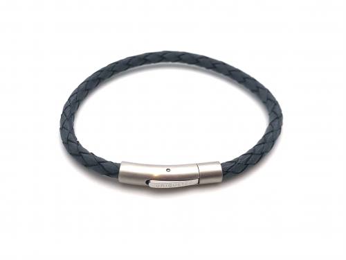 Grey Blue Leather Bracelet Stainless Steel Clasp