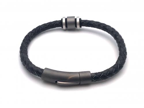 Black Leather Bracelet Bead Charm Magnetic Clasp