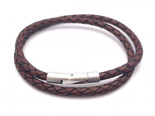 Brown Leather Wrap Bracelet Stainless Steel Clasp