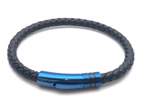 Black Leather Bracelet Blue IP Plate Clasp