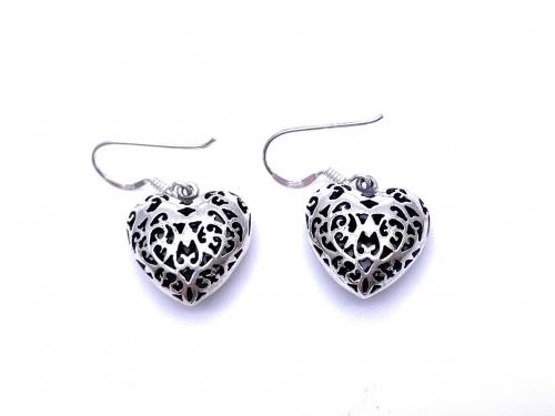Silver Filigree 3D Heart Drop Earrings