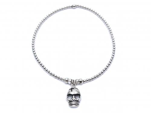 Silver Skull Charm Elasticated Bead Bracelet