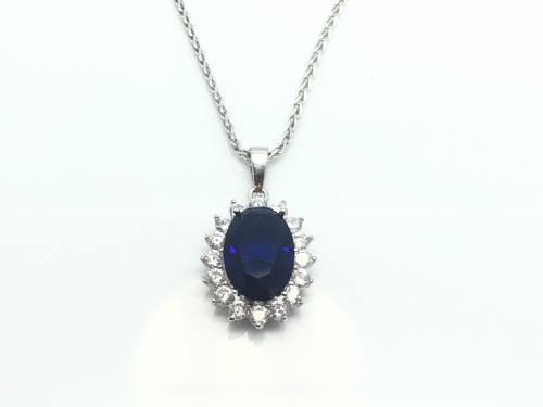 Silver blue and white CZ cluster pendant & Chain