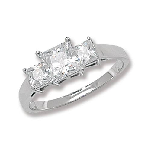 Silver Princess Cut CZ 3 Stone Ring Size O