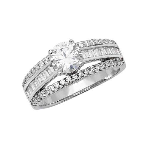 Silver Three Band CZ Solitaire Ring Size P