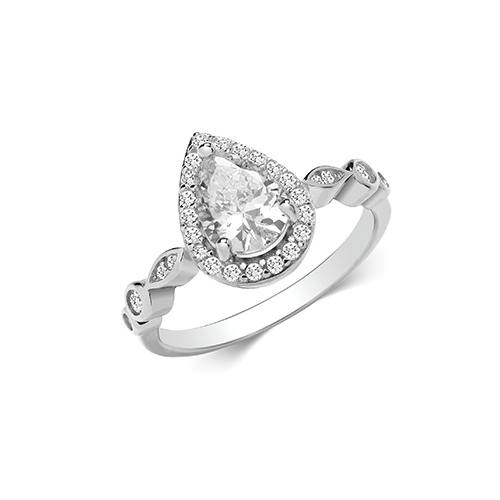Silver CZ Pear Shaped Halo Ring Size O