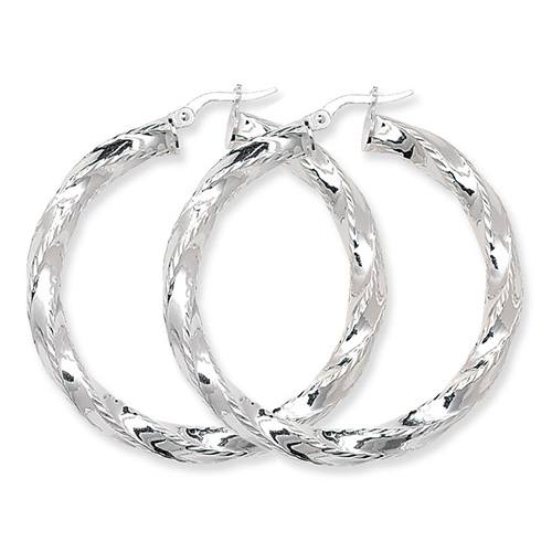 Silver Diamond Cut Twisted Hoop Earrings 35mm