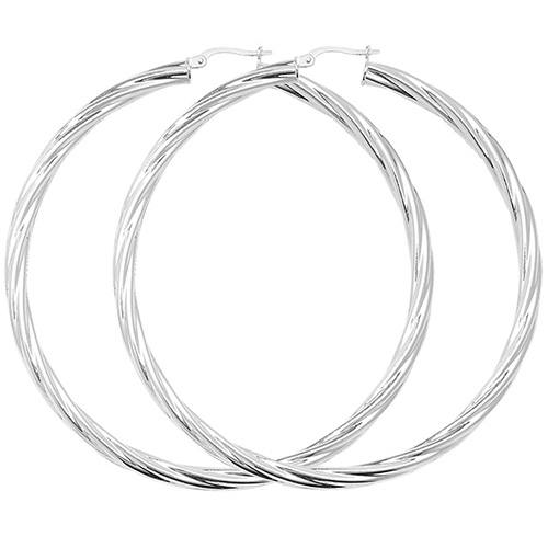 Silver Round Twisted Hoop Earrings 60mm
