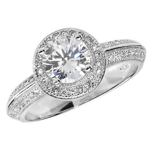 Silver Round CZ Halo Ring Size Q