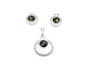 Silver Green Amber Circle Pendant & Stud Earrings