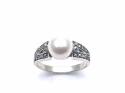 Silver Marcasite & Simulated Pearl Ring Size L