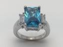 Silver Cz Blue Topaz  Ring 3 Cz Shoulders