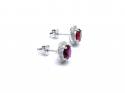 Silver Red & White CZ Oval Halo Stud Earrings