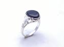 Silver Black Oval Whitby Jet Signet Ring Size P