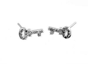 Silver CZ Set Key Stud Earrings
