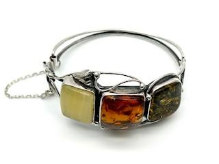 Silver Multi Amber 3 Stone Leaf Bangle