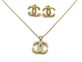 Silver Gold Plated Cz Cc Pendant & Earrings Set