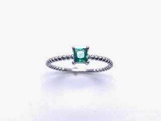 Silver Dark Green Square CZ Solitaire Ring