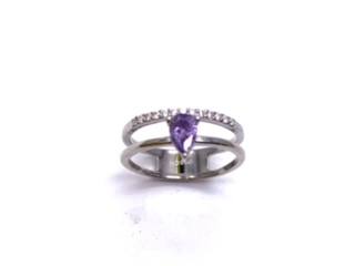 Silver Double Row Purple CZ Solitaire Ring M