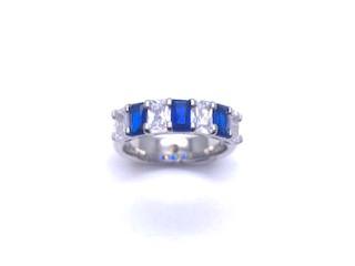 Silver Oblong Dark Blue & Clear CZ 7 Stone Ring