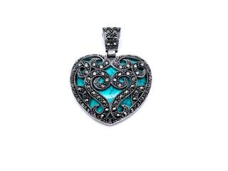 Silver Created Turquoise & Marcasite Heart Pendant