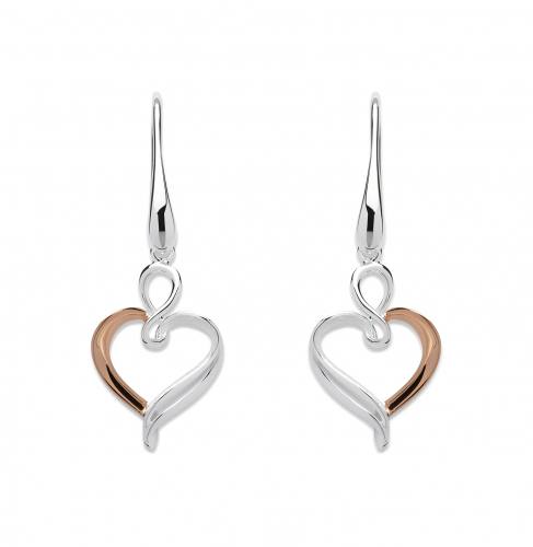Silver & Rose Gold Plate Drop Heart Earrings