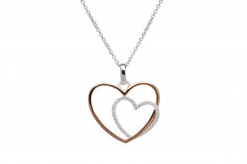 Silver & Rose Gold Plate CZ Heart Pendant & Chain