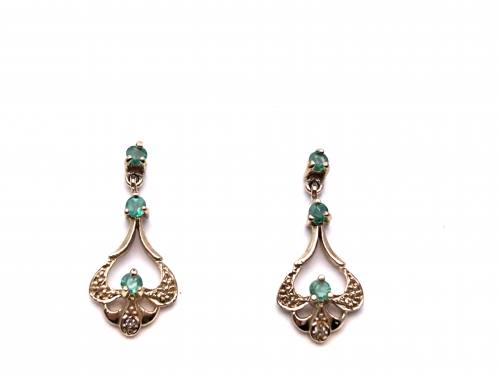 9ct Emerald & Diamond Drop Earrings