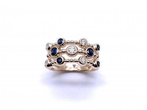 9ct Yellow Gold Sapphire & Diamond 3 Row Ring