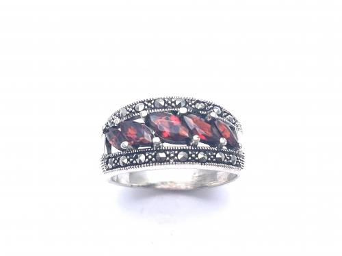 Silver Marcasite & Red CZ Band Size P