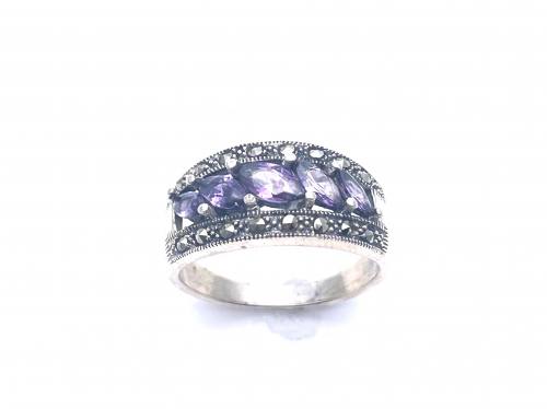 Silver Marcasite & Purple CZ Band Size R