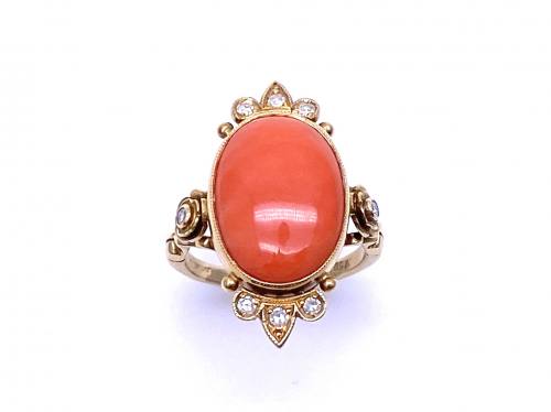 14ct Coral & Diamond Ring