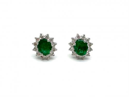 18ct White Gold Emerald & Diamond Cluster Earrings