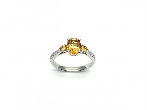 Silver Citrine & CZ 3 Stone Fancy Ring