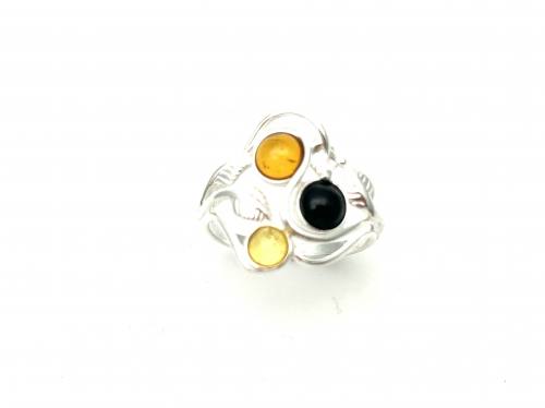 Silver Whitby Jet and Amber Ring Size N