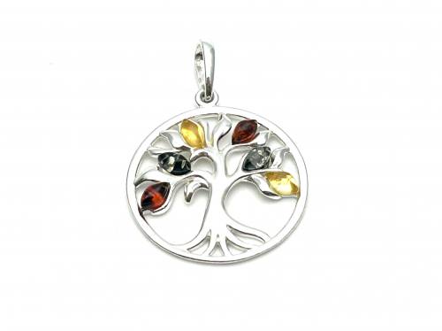 Silver Amber Tree Of Life Pendant 33v24mm