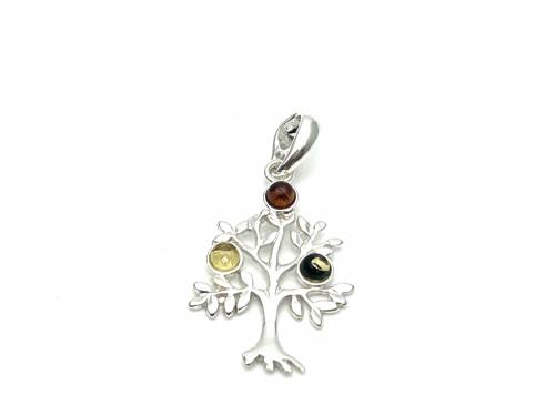 Silver Amber Tree Of Life Pendant 32x17mm