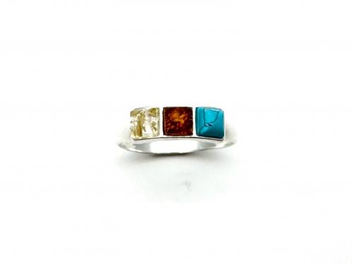 Silver Amber & Turquoise 3 Stone Ring Size N