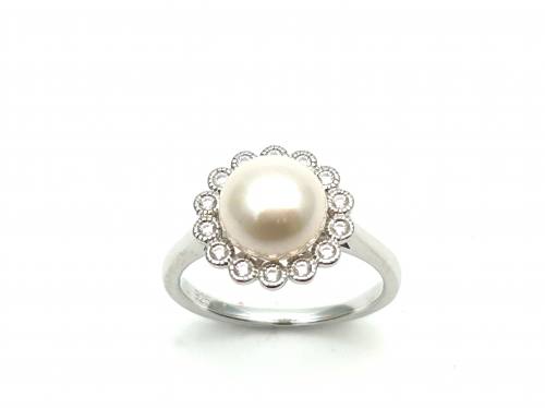 Silver Freshwater Pearl and CZ Cluster Ring