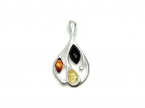 Silver Amber & Whitby Jet Leaf Pendant
