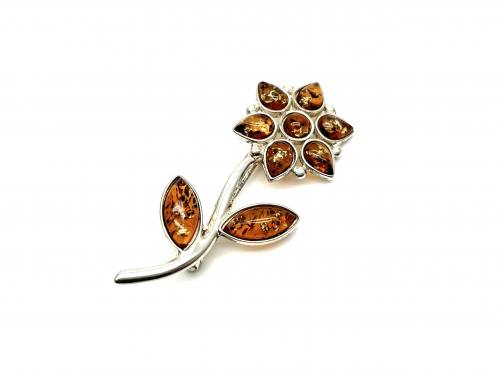 Silver Amber Flower Brooch