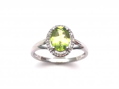 9ct White Gold Peridot & Diamond Halo Ring