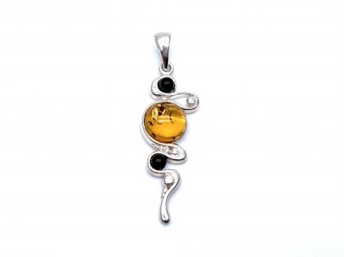 Silver Amber & Whitby Jet Fancy Pendant