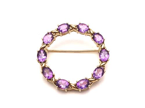 9ct Yellow Gold Amethyst Circle Brooch